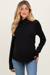 Black Solid Long Sleeve Ribbed Turtle Neck Maternity Top
