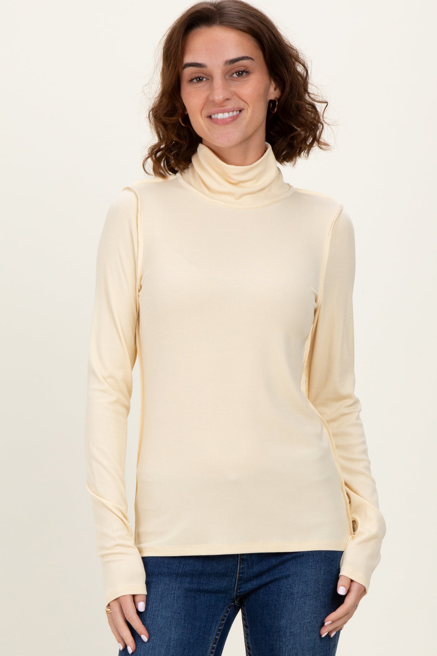 Yellow Solid Long Sleeve Ribbed Turtle Neck Top