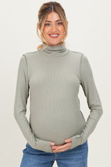 Light Olive Solid Long Sleeve Ribbed Turtle Neck Maternity Top