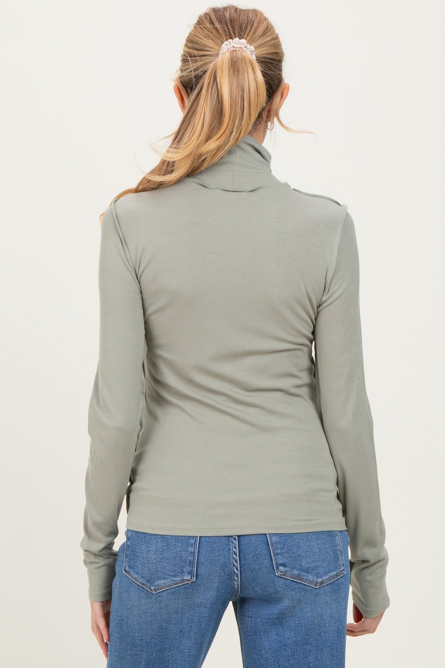 Light Olive Solid Long Sleeve Ribbed Turtle Neck Maternity Top