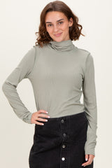Light Olive Solid Long Sleeve Ribbed Turtle Neck Maternity Top