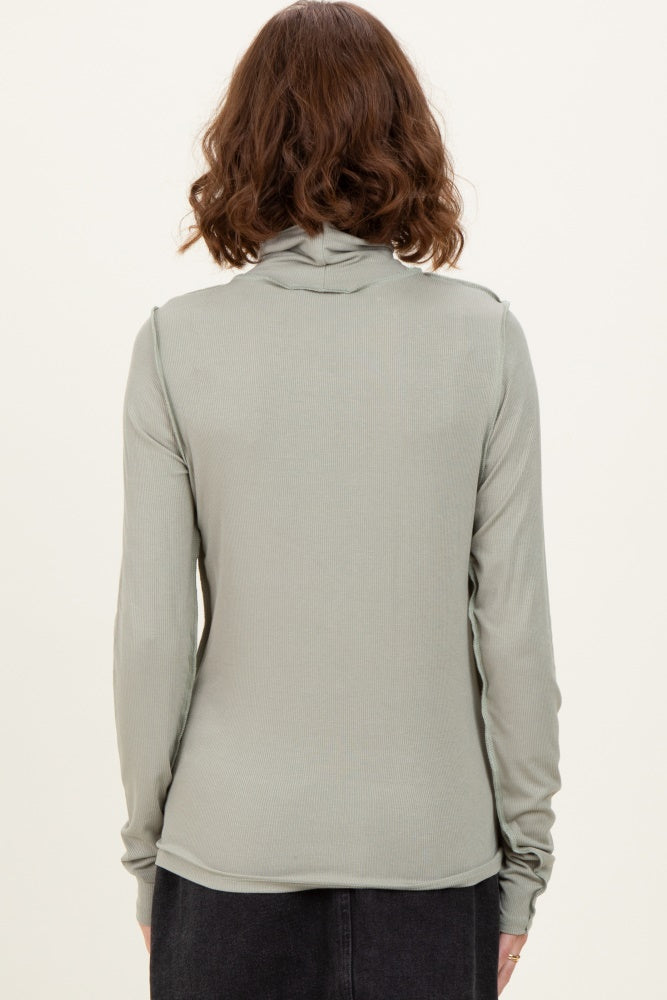 Light Olive Solid Long Sleeve Ribbed Turtle Neck Top