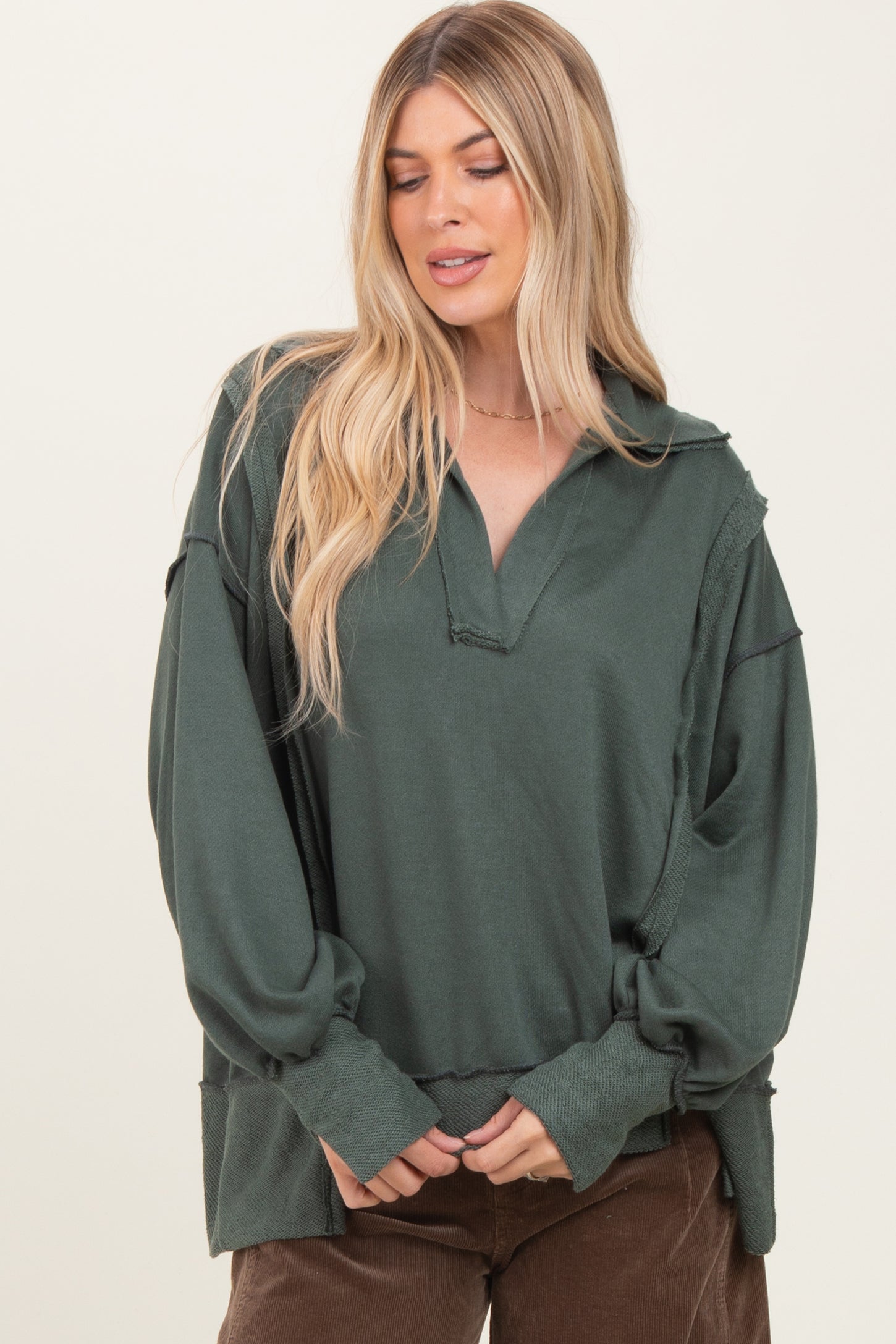 Olive Long Sleeve Reverse Stitch Collared Top