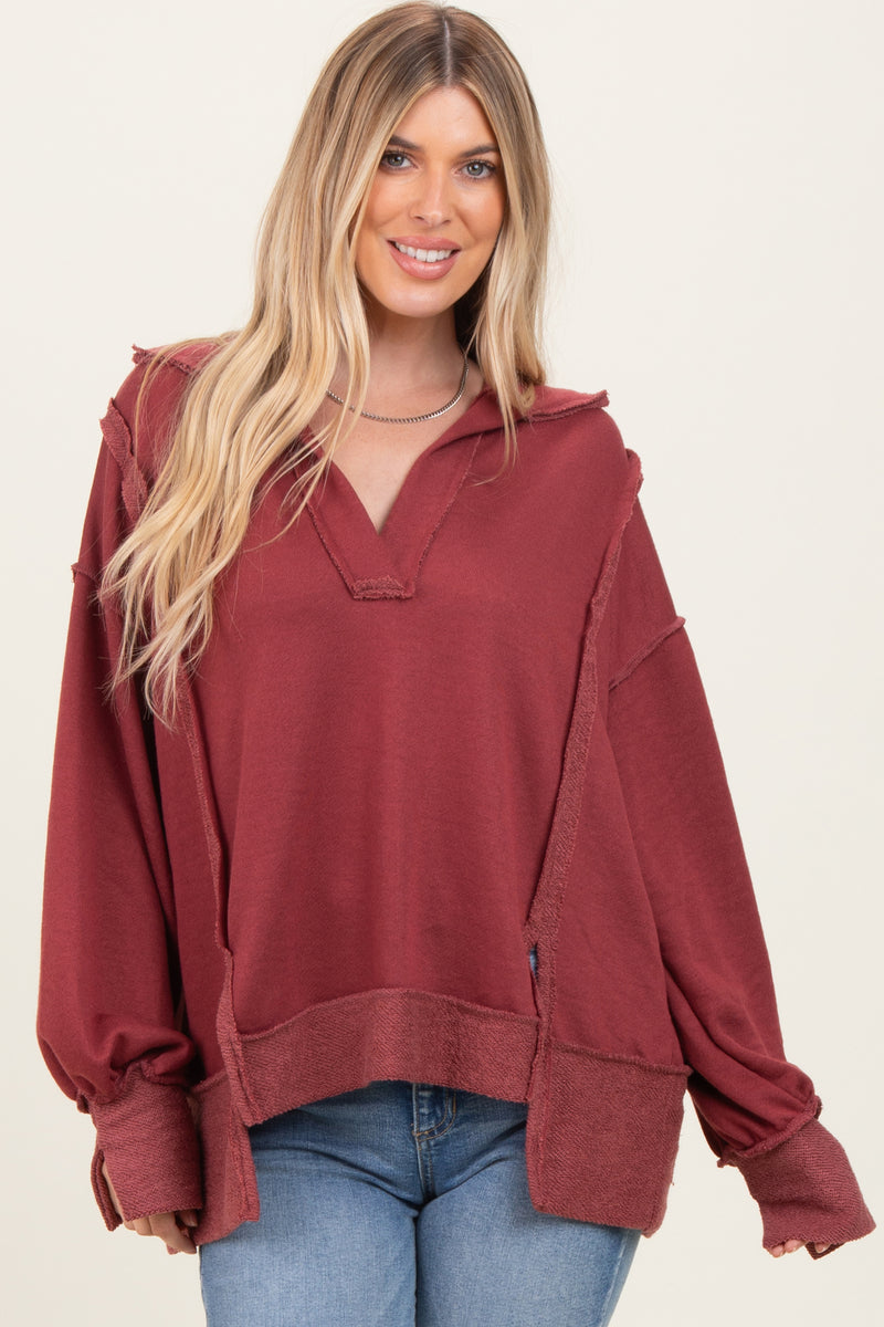 Bluegundy Reverse Bridge Burgundy Long Sleeve Reverse Stitch Collared Maternity Top – PinkBlush