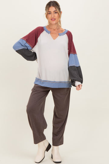 Burgundy Color Block Long Sleeve V-Neck Maternity Top