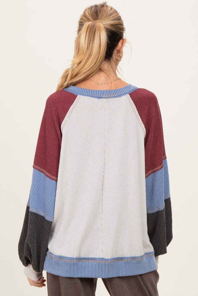 Burgundy Color Block Long Sleeve V-Neck Maternity Top