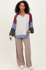 Burgundy Color Block Long Sleeve V-Neck Top