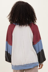 Burgundy Color Block Long Sleeve V-Neck Top