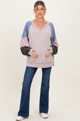 Mauve Color Block Long Sleeve V-Neck Maternity Top