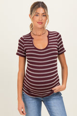 Burgundy Stripe Short Sleeve Round Neck Maternity Top