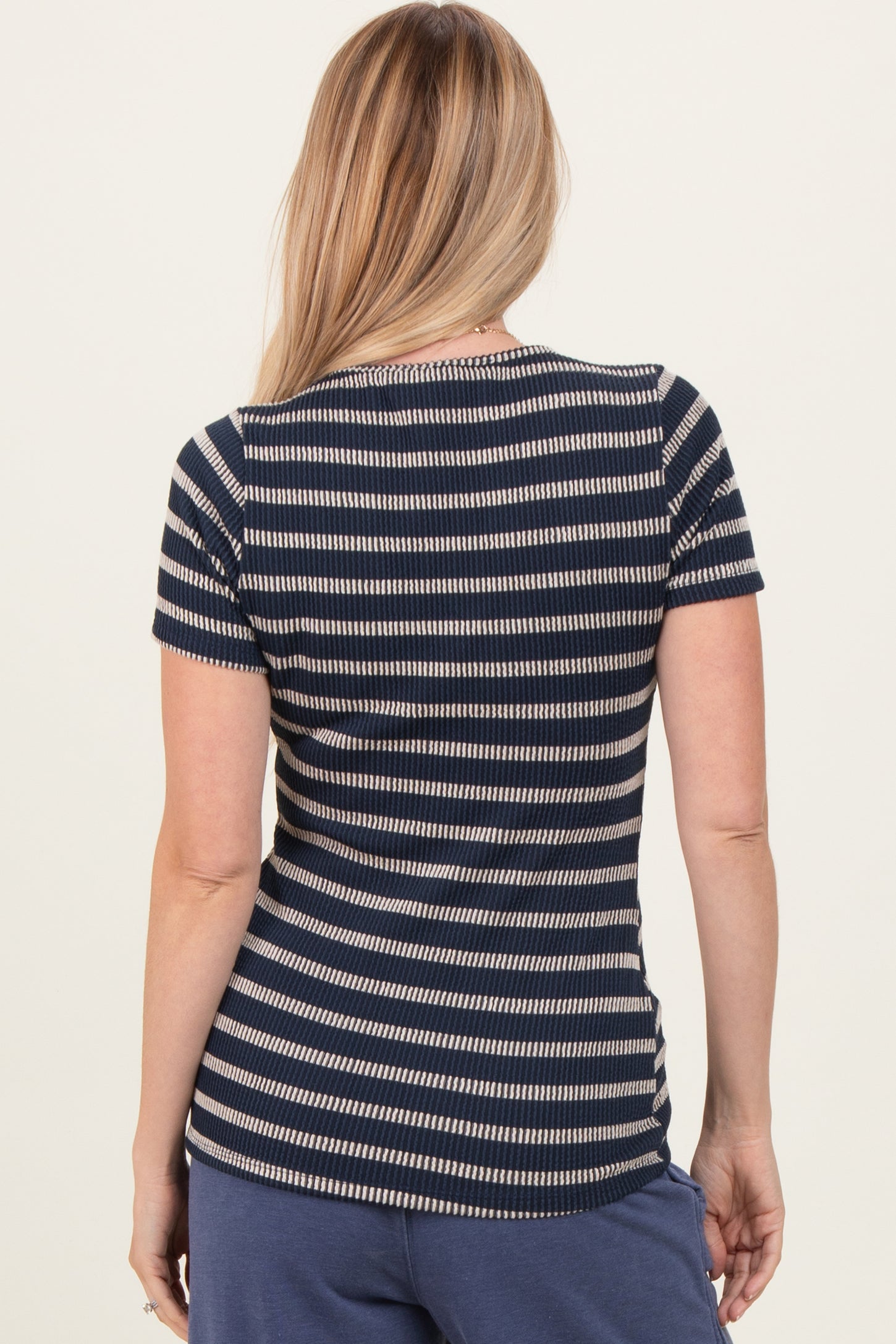 Navy Stripe Short Sleeve Round Neck Top