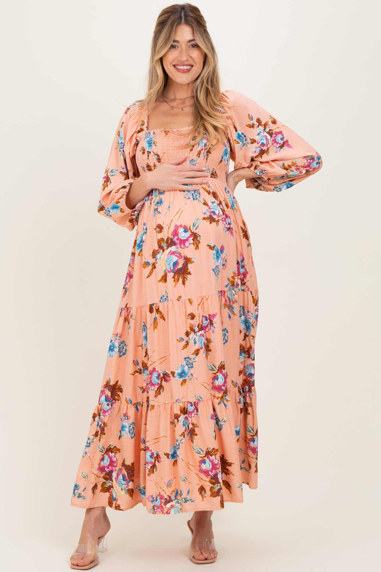 Peach Floral Long Sleeve Smocked Top Tiered Maternity Maxi Dress Peach Floral Long Sleeve Smocked Top Tiered Maternity Maxi Dress