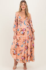 Peach Floral Long Sleeve Smocked Top Tiered Maternity Maxi Dress