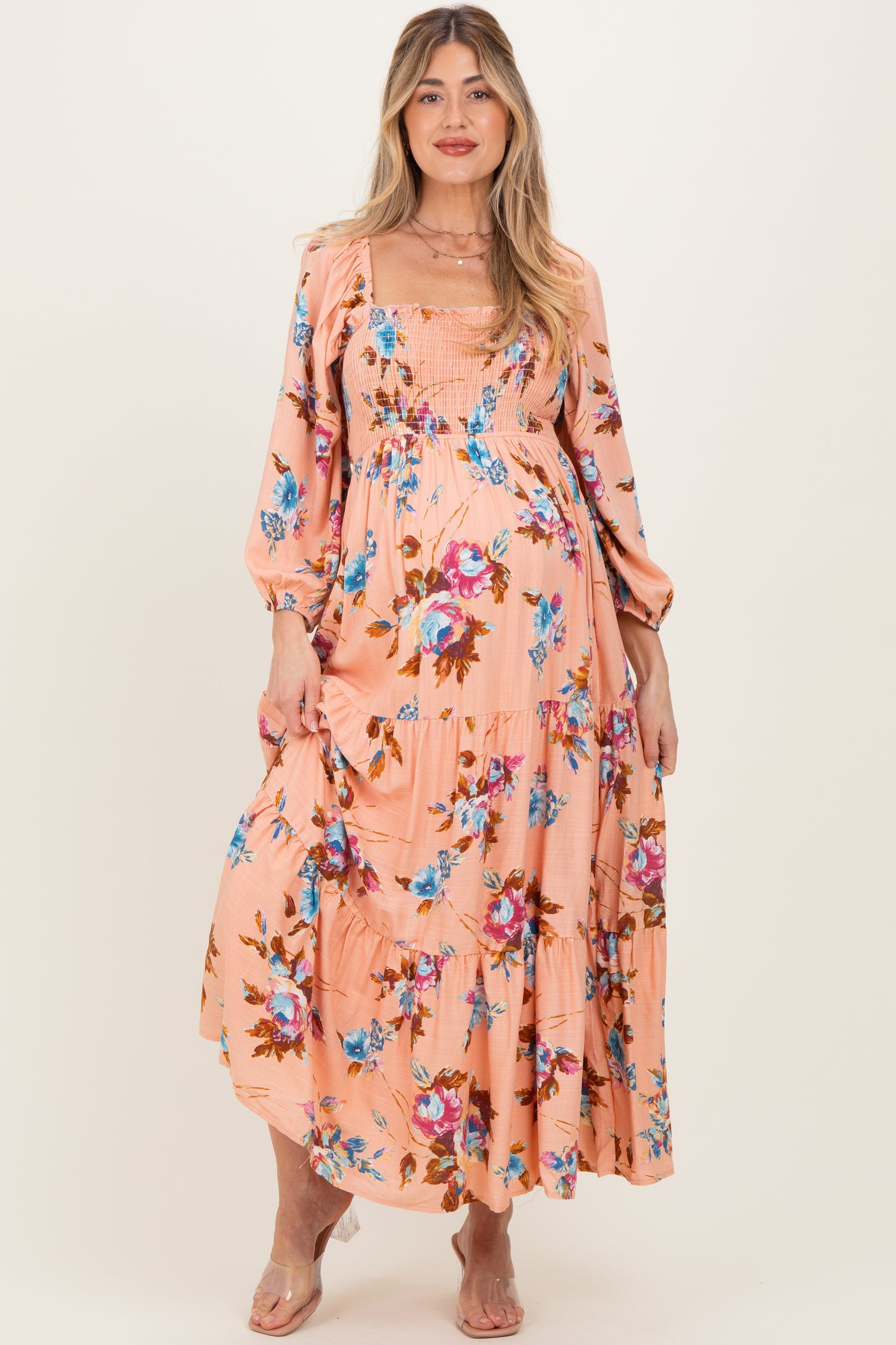 long sleeve smocked dress Peach Floral Long Sleeve Smocked Top Tiered Maternity Maxi Dress