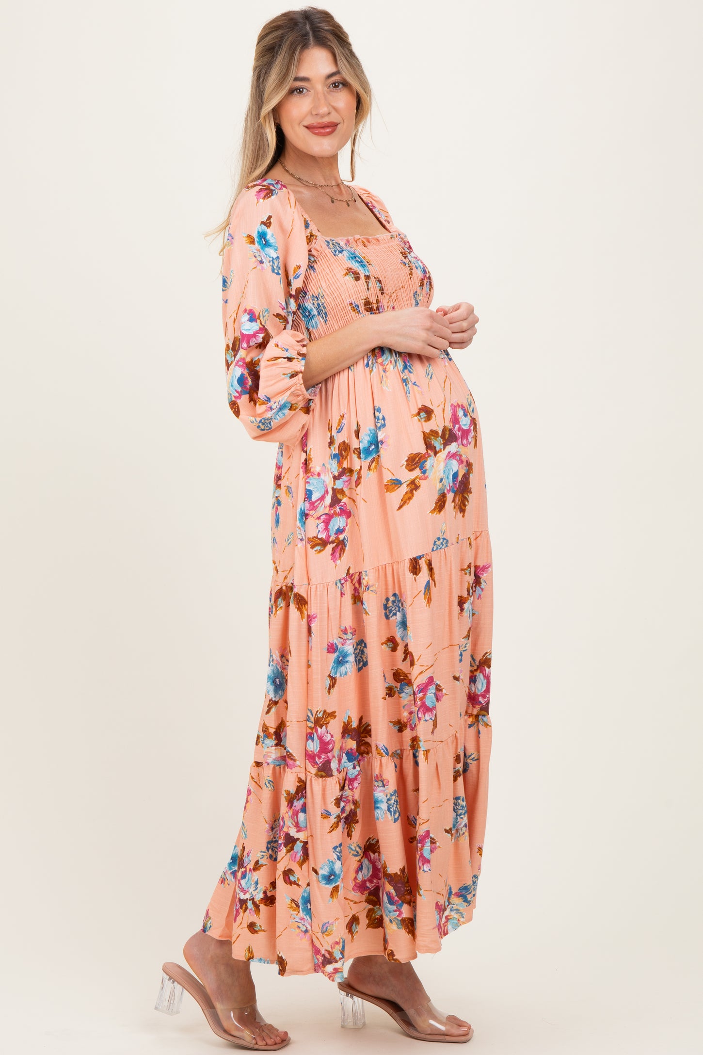 Peach Floral Long Sleeve Smocked Top Tiered Maternity Maxi Dress
