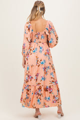 Peach Floral Long Sleeve Smocked Top Tiered Maternity Maxi Dress