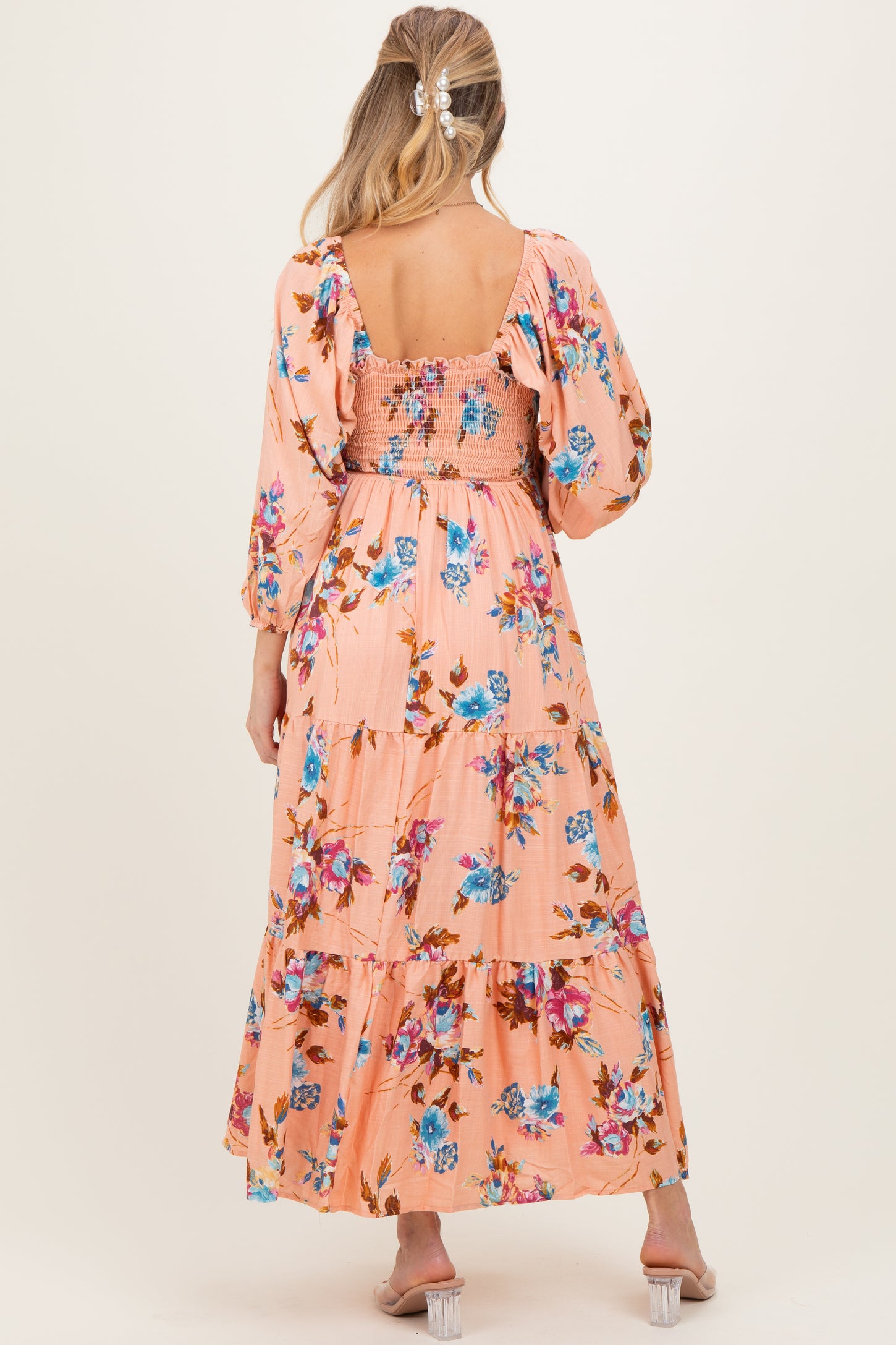 Peach Floral Long Sleeve Smocked Top Tiered Maternity Maxi Dress
