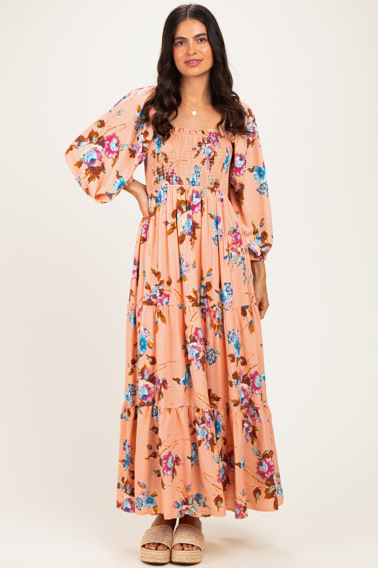 Peach Floral Long Sleeve Smocked Top Tiered Maternity Maxi Dress