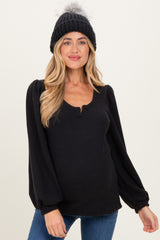 Black Solid Ribbed Long Sleeve V-Neck Maternity Tunic Top