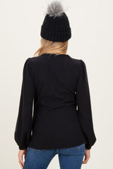 Black Solid Ribbed Long Sleeve V-Neck Maternity Tunic Top