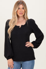 Black Solid Ribbed Long Sleeve V-Neck Tunic Top