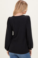 Black Solid Ribbed Long Sleeve V-Neck Tunic Top