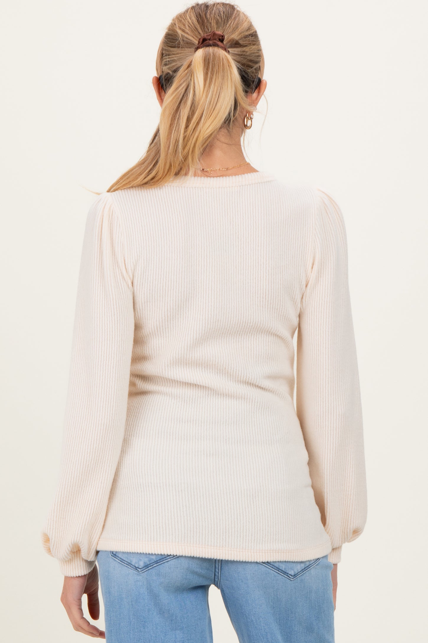 Cream Solid Ribbed Long Sleeve V-Neck Maternity Tunic Top