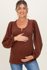 Brown Solid Ribbed Long Sleeve V-Neck Maternity Tunic Top