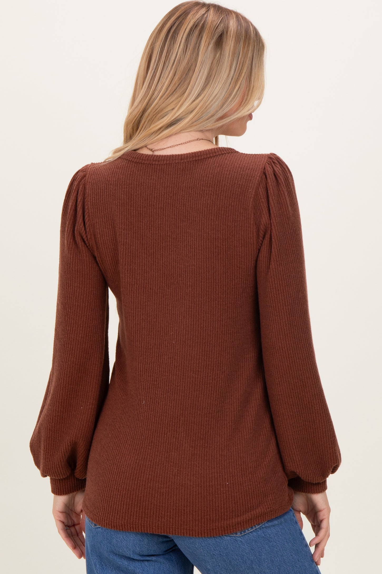 Brown Solid Ribbed Long Sleeve V-Neck Tunic Top