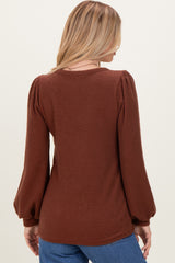 Brown Solid Ribbed Long Sleeve V-Neck Tunic Top