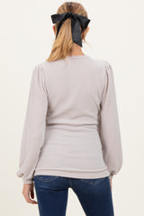 Beige Solid Ribbed Long Sleeve V-Neck Maternity Tunic Top