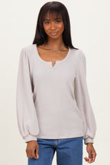 Beige Solid Ribbed Long Sleeve V-Neck Maternity Tunic Top
