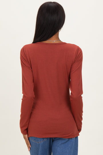 Rust Solid Ribbed Long Sleeve Button Down Tunic Top