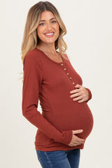 Rust Solid Ribbed Long Sleeve Button Down Maternity Tunic Top