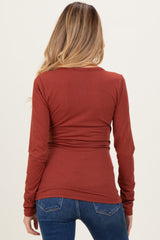 Rust Solid Ribbed Long Sleeve Button Down Maternity Tunic Top