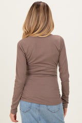 Mocha Solid Ribbed Long Sleeve Button Down Maternity Tunic Top