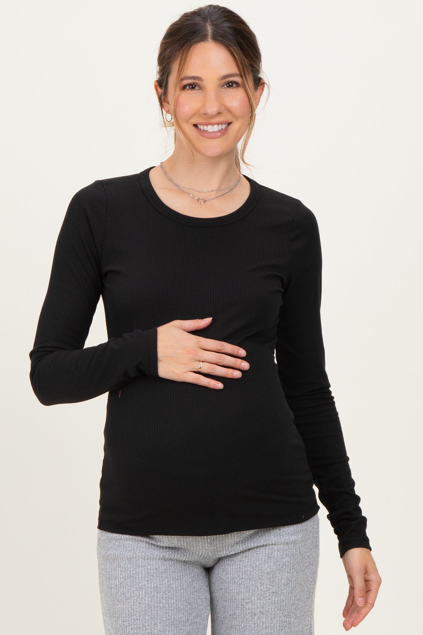 Black Solid Ribbed Long Sleeve Round Neck Maternity Tunic Top