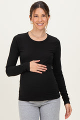 Black Solid Ribbed Long Sleeve Round Neck Maternity Tunic Top
