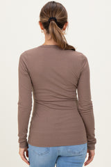 Mocha Solid Ribbed Long Sleeve Round Neck Maternity Tunic Top