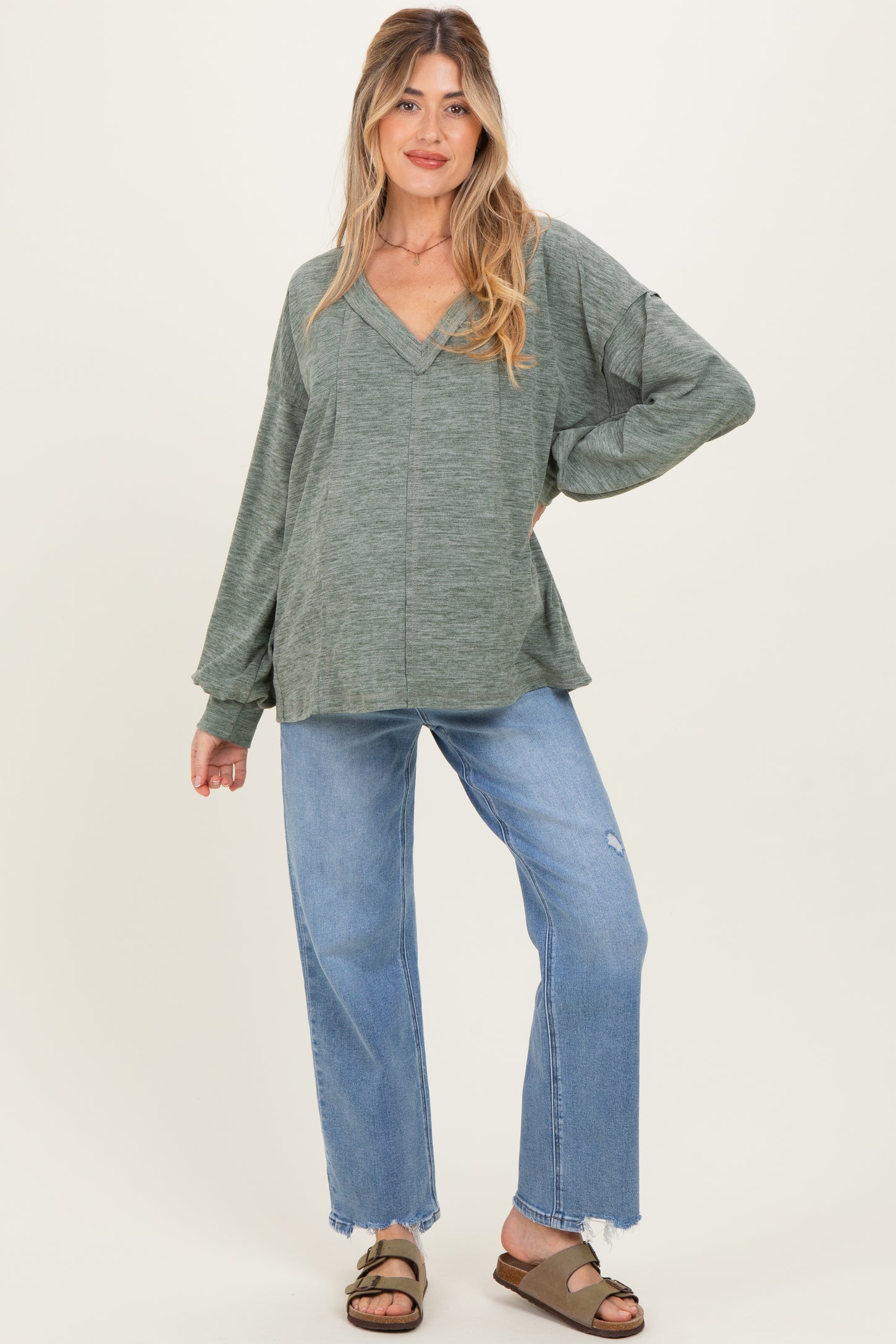 Olive Brushed Long Sleeve V-Neck Maternity Sweatshirt
