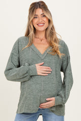 Olive Brushed Long Sleeve V-Neck Maternity Sweatshirt