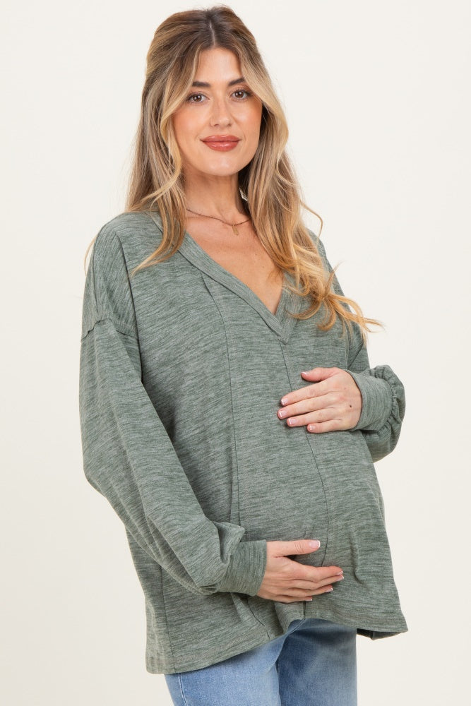 Olive Brushed Long Sleeve V-Neck Maternity Sweatshirt