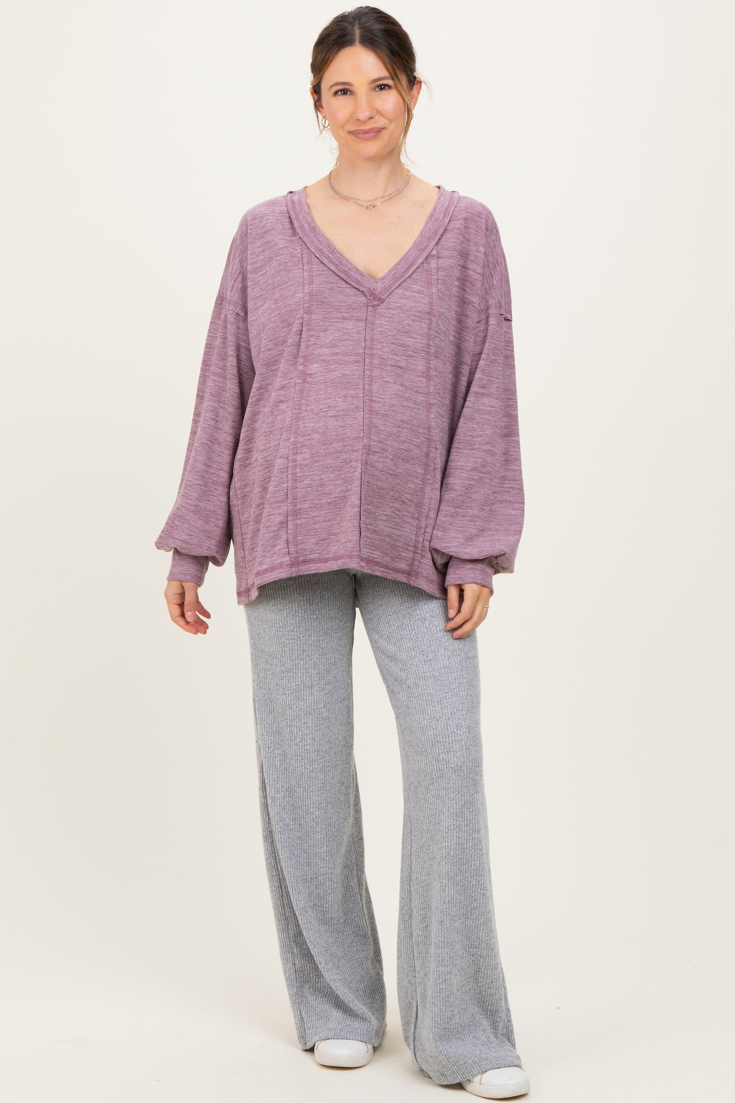 Plum Brushed Long Sleeve V-Neck Maternity Sweatshirt