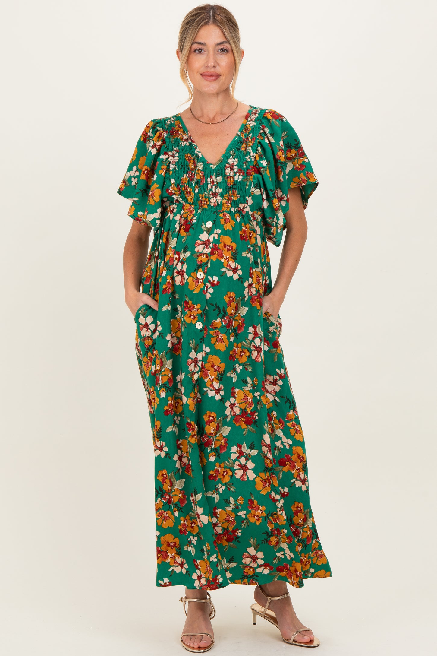 Hunter Green Fall Floral Short Sleeve V-Neck Maternity Maxi Dress