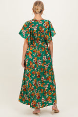 Hunter Green Fall Floral Short Sleeve V-Neck Maternity Maxi Dress