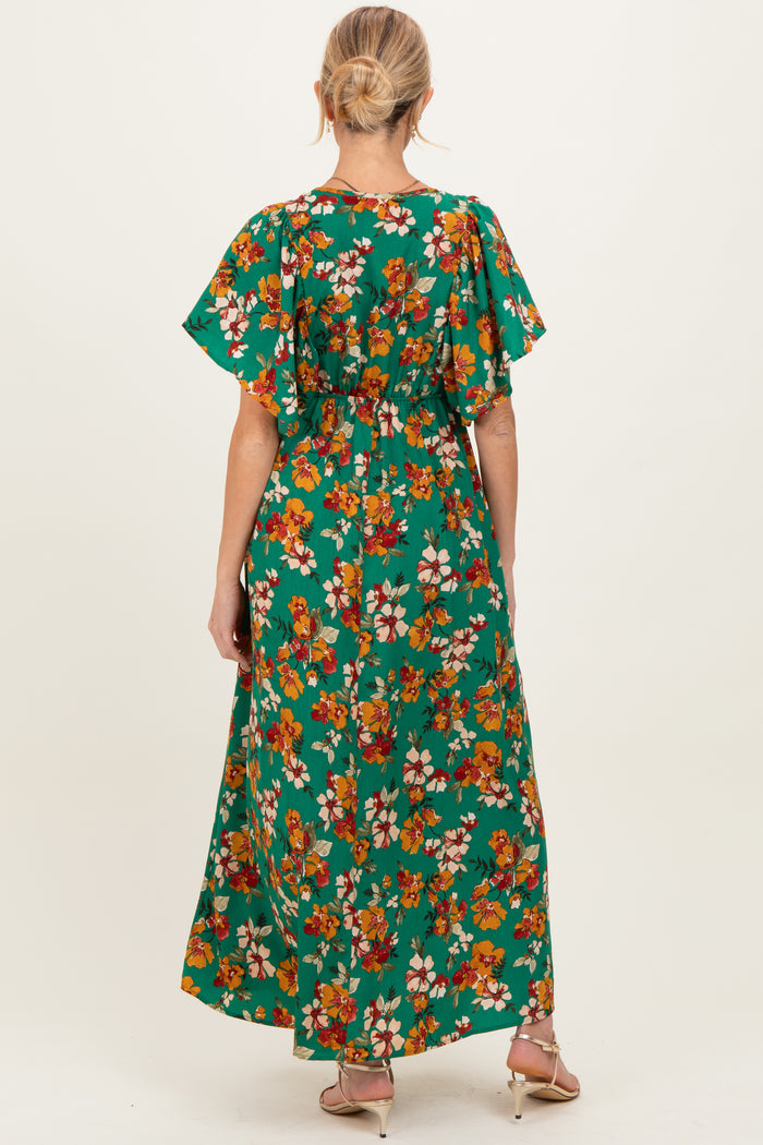 Hunter Green Fall Floral Short Sleeve V-Neck Maternity Maxi Dress