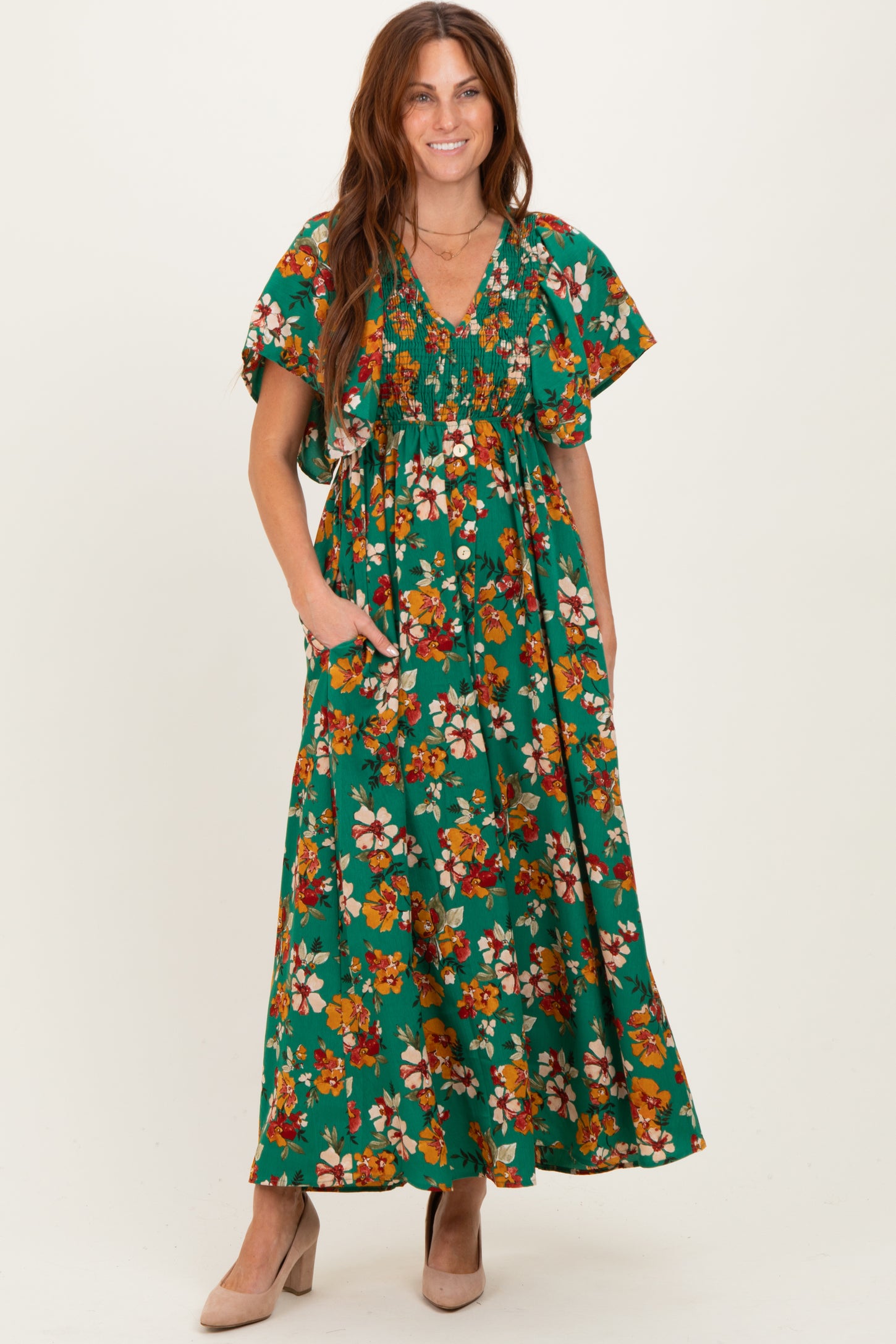 Hunter Green Fall Floral Short Sleeve V-Neck Maternity Maxi Dress
