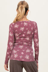 Burgundy Floral Ribbed Long Sleeve Button Down Maternity Tunic Top