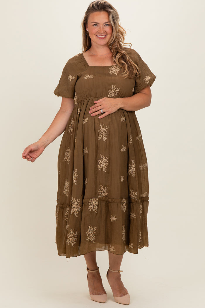Taupe Floral Print Ruffle Hem Maternity Plus Midi Dress