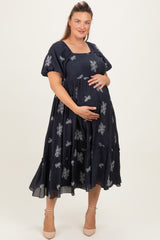 Navy Floral Print Ruffle Hem Maternity Plus Midi Dress